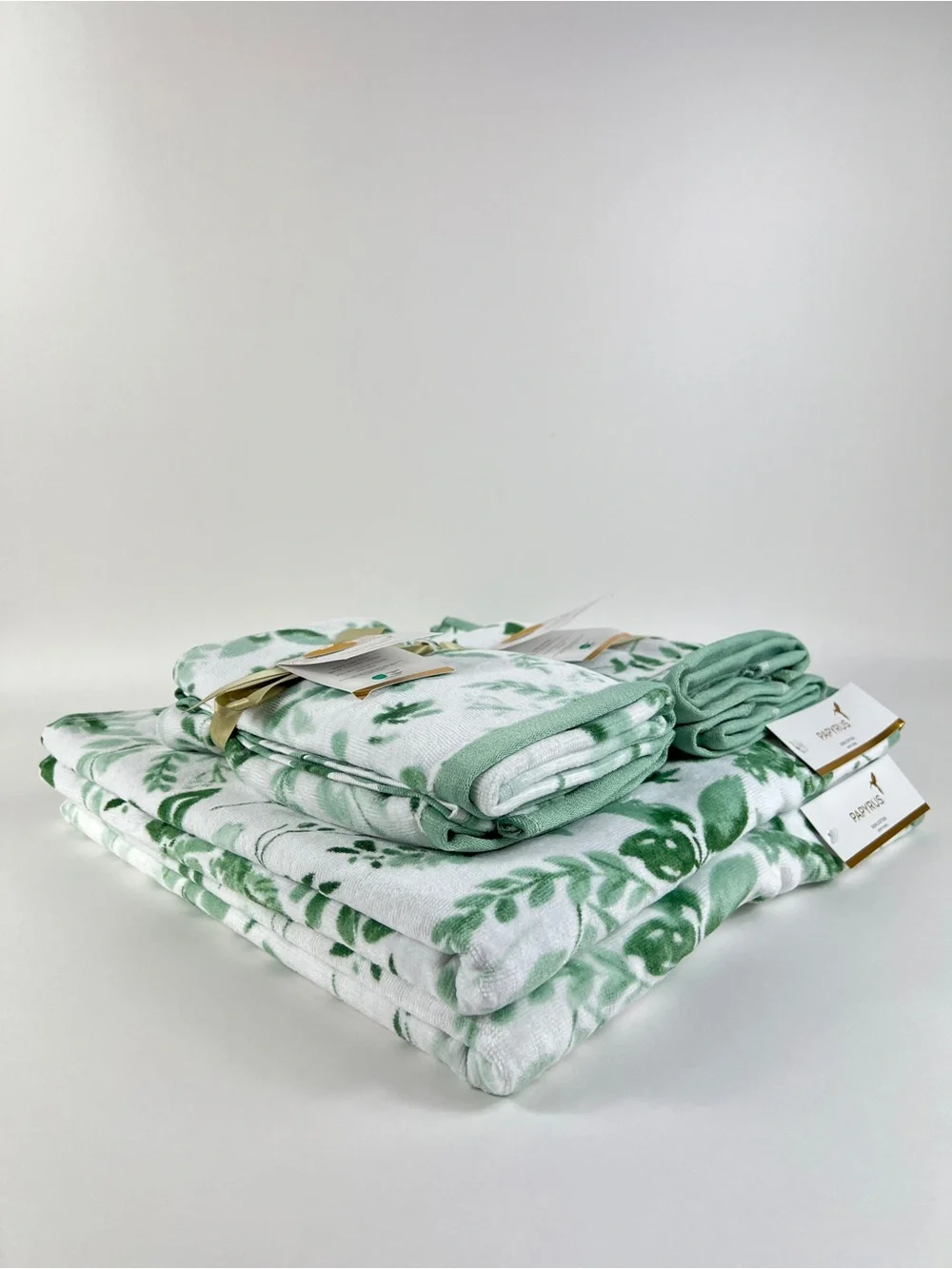 Papyrus Bath Towel Set Green White Floral Botanical Soft Cotton Velour 6 Pc NEW